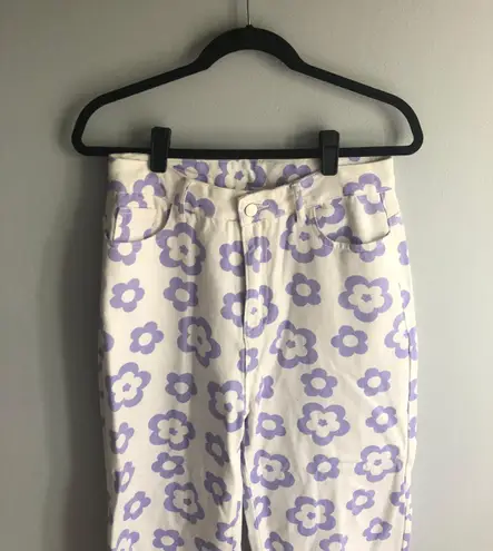 SheIn Purple Floral White Denim High Waisted Pants Size L