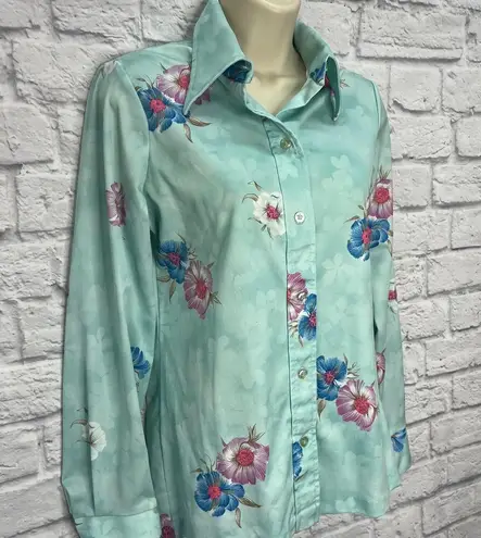 Vintage Nikki Button Down Blouse Teal Floral 70s Size M Long Sleeve Disco Blue Size M