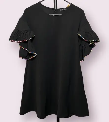 Very J Black Shift Dress with Rainbow Pom Pom Ruffle Sleeves Small