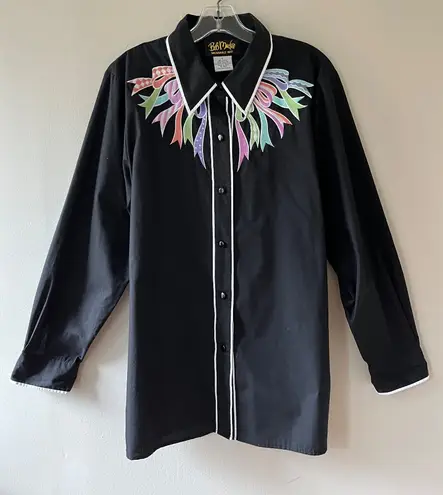 Bob Mackie Sz L Wearable Art Shirt Womens Black Embroidered Western Button Up