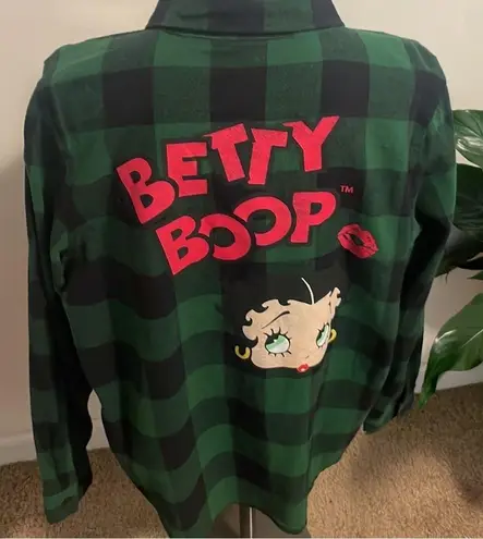 Betty Boop  shacket Hunter Green Black Plaid Shirt button up cotton New top Sz M