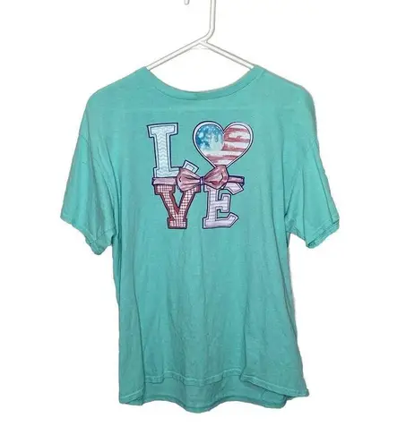 Delta Pro Weight Red White Blue Graphic Print LOVE America Teal T-Shirt Sz L
