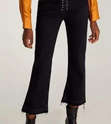 ZARA  Black Tie Up Fly Released Raw Hem Crop Flare Jeans