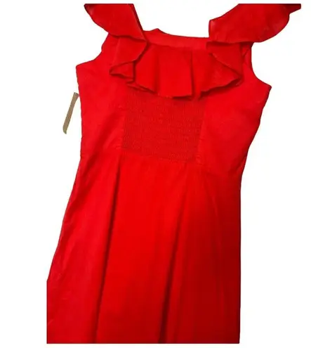 New Cremieux Dress Womens 4 Midi Smocked Back Ruffle Shoulder Summer Red Coastal