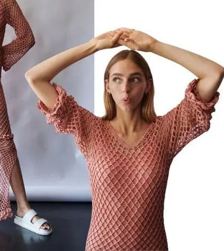 NEW AYNI IMAC Crochet Mesh Maxi Dress Side Slits Pima Cotton Medium Coral Knit Pink