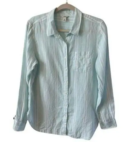 LL Bean Top Womens M Blue White Striped Linen Long Sleeve Button Up Lightweight Size M - Image 1
