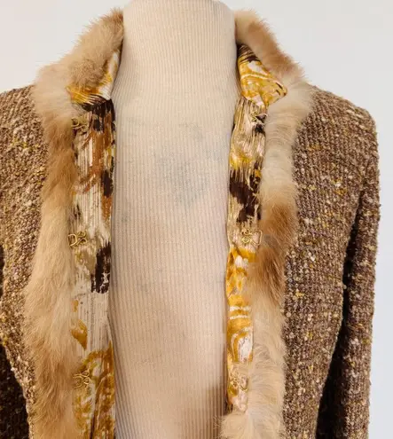 St. John couture genuine fur trim gold knit cardigan/ jacket EUC