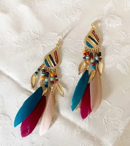 Long Bohemian Feather Chain Earrings Gold