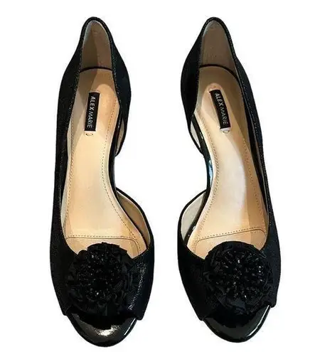 Alex Marie Black Leather D'Orsay Pumps Beaded Flower Rosette, Sz 8