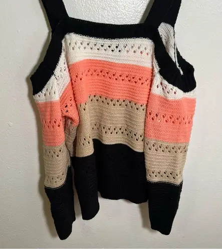 Striped Cold Shoulder Sweater Loose Knit Beige Black Peach S