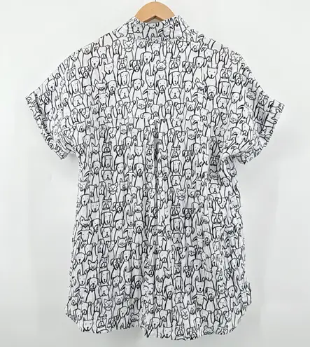 John Mark Button Down Short Sleeve Shirt Large White Black Dog Cat Print Tunic
