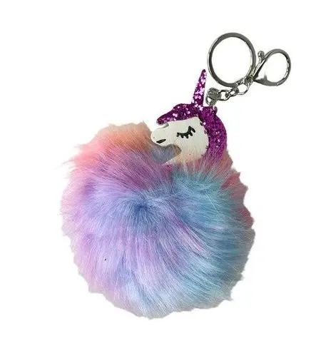 NEW Unicorn KEYCHAIN Ring 7" Faux Fur Tie Dye Puff Ball Purse Fob Pink Glitter