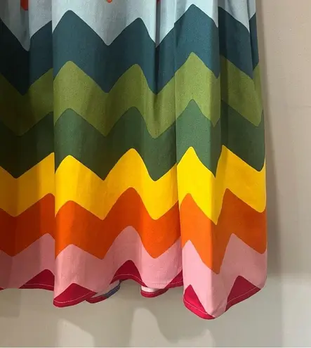 Collectif Malibu Rainbow Chevron Swing Zigzag Knee Len Skirt Size XXS 2 1950s Green