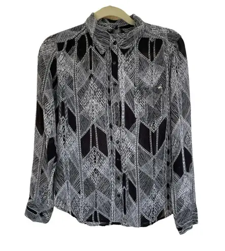 Guess Women’s Sheer Shirt Long Sleeve Button Up Blouse Black White Gray Size M