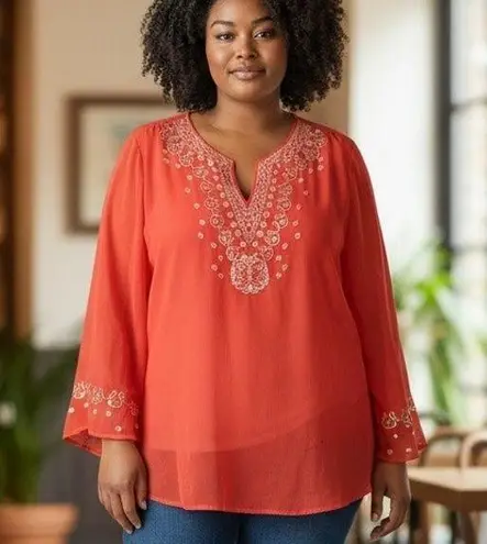 Studio West Apparel NWT 2 PC Set Hot Coral SZ 2X Embroidered Beads Gauze
