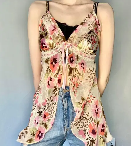 George Floral Y2K 90s Babydoll Sheer Open Front Pink Cami Top