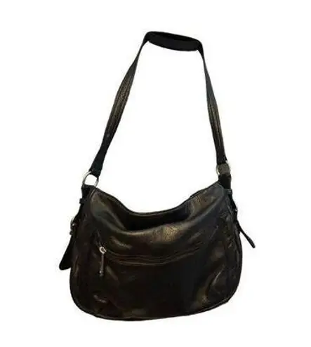 Stone Mountain  Black Leather Hobo Shoulder Bag With Adjustable Strap & Multiple