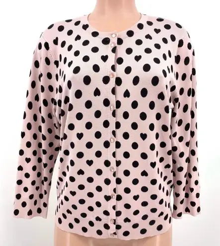 Cable & Gauge Pink Pearl Button Down Black Heart Polka Dot Valentine Cardigan L