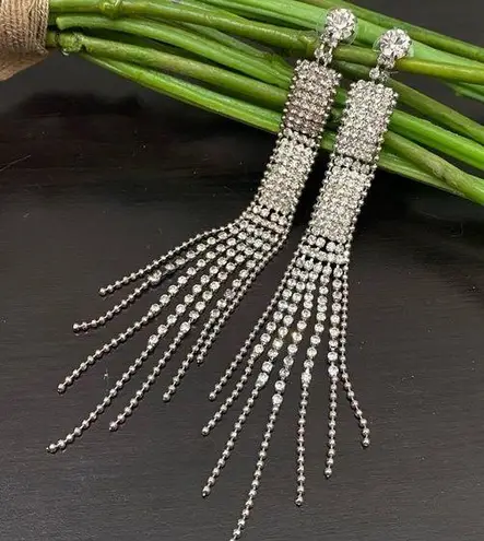 Vintage Unsigned Pavé Clear Rhinestones Drop Fringe Runway Statement Earrings