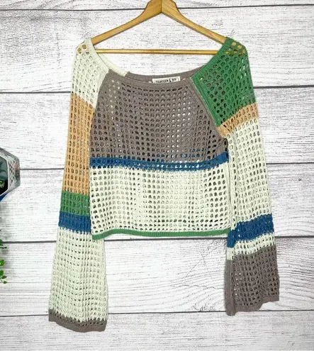 Fourteen & 9th Color Block Crochet Cropped Bell Sleeve Sheer Open Knit Festival Top Size Medium