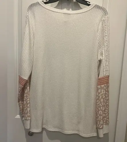 White Waffleknit top with Pink cheetah and lace accents Long Sleeve Top by BiBi Size L