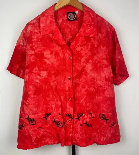 Produce Company Red Tie Dye Fish Print Linen Short Sleeve Button Up Shirt Size M