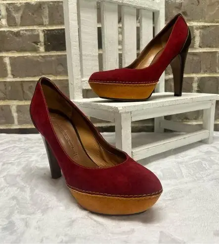 Moreschi High Heel Pumps Platform Burgundy Red Mustard Suede Leather Size 37.5