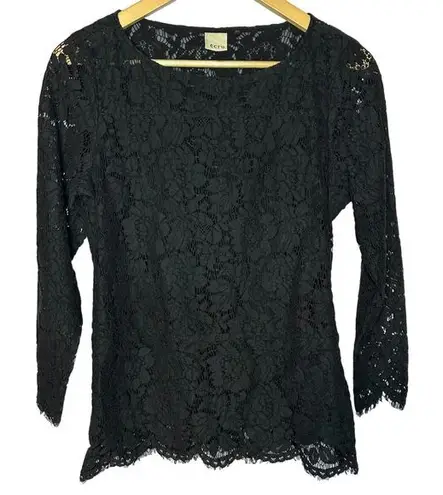Ecru Black Lace Scallop Hem Lined Blouse Women's Medium / 8