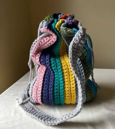 Handmade Colorful Crochet Bucket Bag Rainbow Striped Crossbody Hobo Festival NWT Green