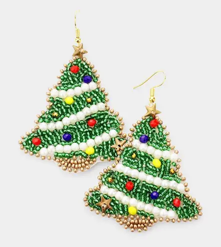 New Womens Holiday Felt Back Pearl Seed Christmas Tree Earrings Green