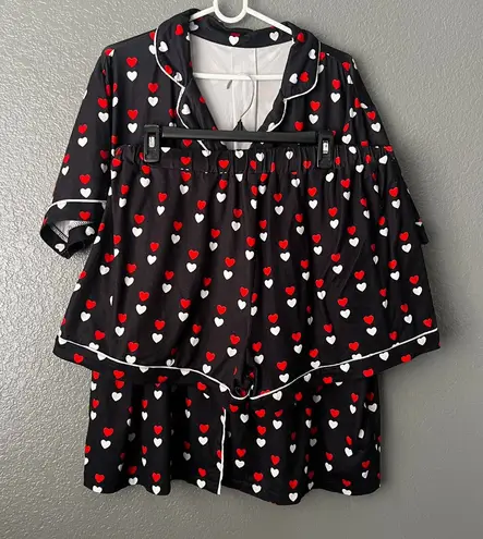 Women’s 2XL Black Heart Print Pajama Set Short Sleeve Top & Shorts Red Size XXL