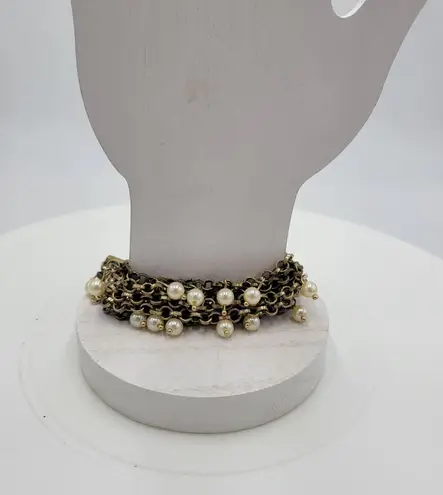 VTG Pinned Pearl Cuff Bracelet 8" Gold Tone White Beads Wide Toggle Closure