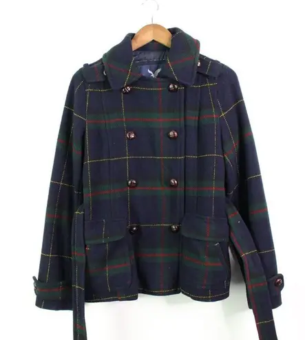 American Eagle  Plaid Double Breasted Pea Coat Navy M