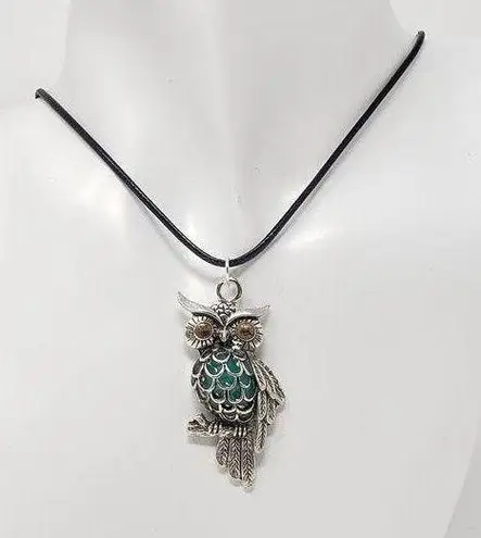 Owl Pendant Necklace w/ Teal Green Resin Body & Bronze Eyes
