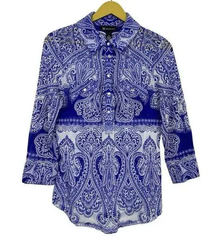 VTG Y2K Fairy Grunge Paisley Mesh Button Front Top Large White Blue Long Sleeve