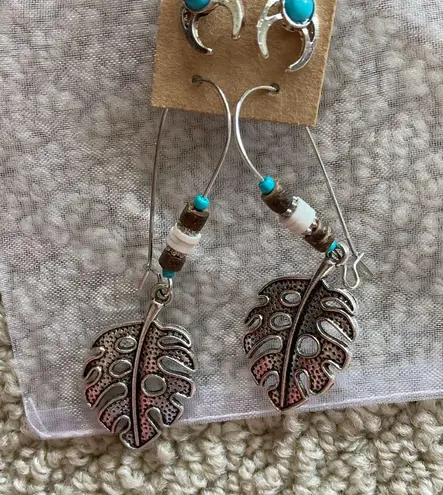 NEW Boho Silver Earrings Set Feather Hang Style and Horshoe Post Turquoise NWT