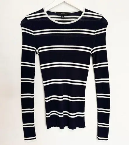 Misook Long Sleeve Striped Lightweight Knit Round Neck Blouse Top Navy Blue XS