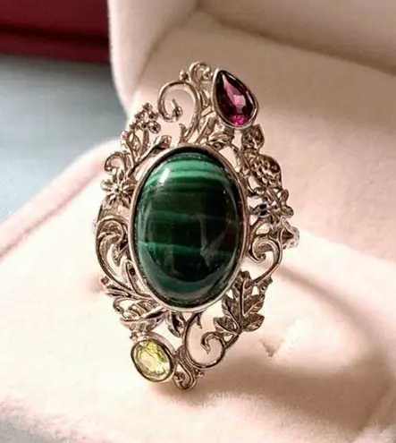 Artisan Crafted African Malachite Multi Gemstone Ring in Platinum over Copper 7 Green