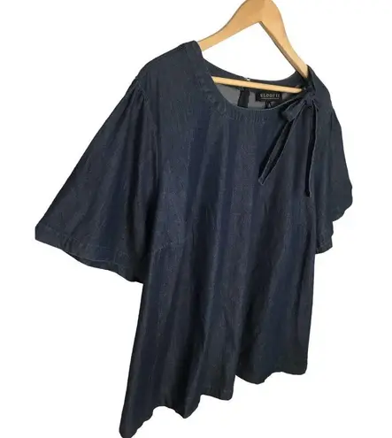Eloquii Round Tie Neck Flutter Sleeve Dark Chambray Denim Blue 24