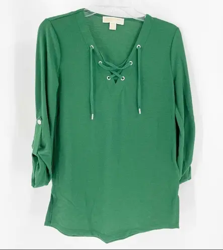 Michael Kors MICHAEL  Green Crisscross Roll Tab Sleeve Sweater