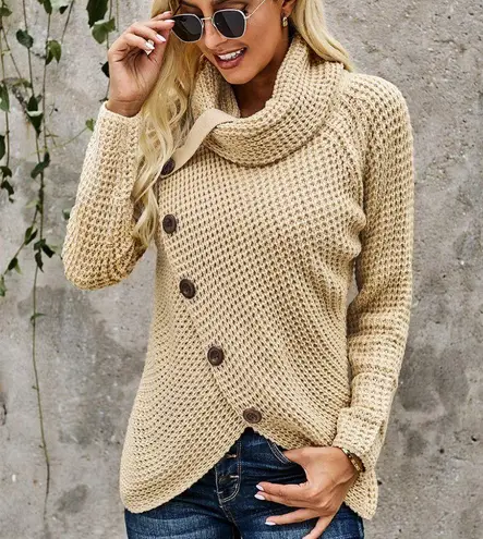 BEIGE BUTTONED WRAP TURTLENECK SWEATER Size undefined