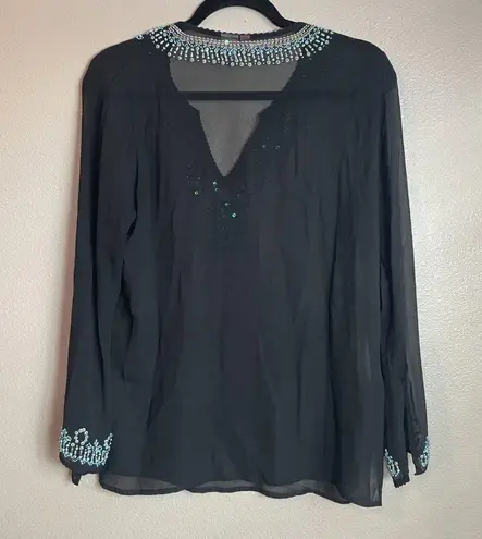 Itsu Womens 100 % Silk Size 6 Long Sleeve Blouse Beaded Sequin Black Blue