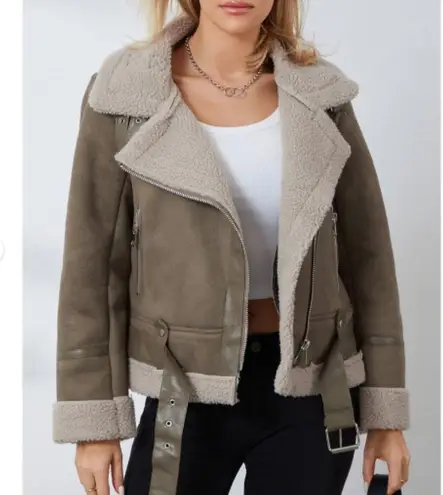 ZARA Shearling Rider's Jacket Double Boa Brown Beige sz XL