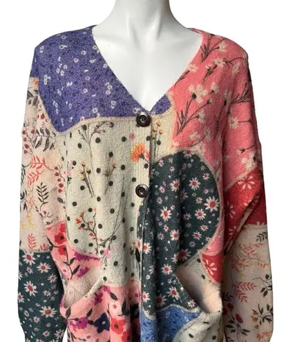 Yesno Button Down Oversized Cotton/Wool Blend Boho Patchwork Print Cardigan