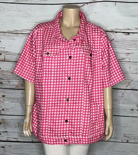 Woman Within Size 34W Pink & White Gingham Check Button Down Jean Jacket