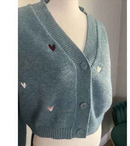 Witty Fox Ditzy Floral Small Blue Cropped Button Sweater Embroidered Hearts