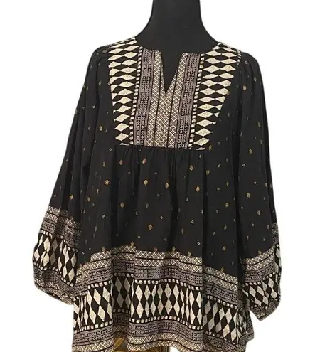 World Market Boho Peasant Tunic Top S/M Black Gold Geometric Print Long Sleeve Size M