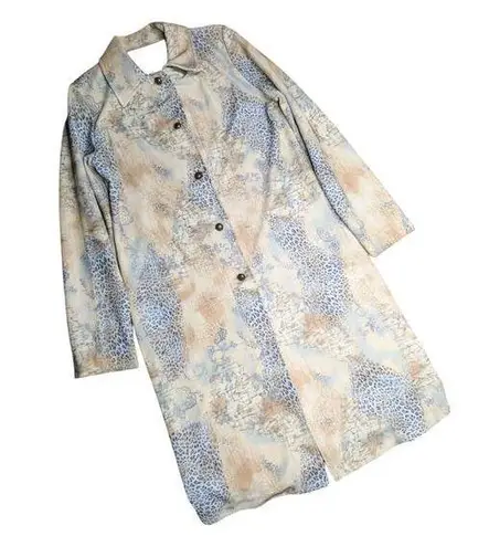 Vtg Y2K Weekenders Ivory Blue Leopard Print Longline Collared Duster Jacket XS