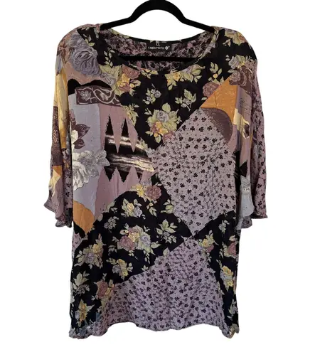Vintage Whimsygoth Patchwork Floral Top Flowy Oversized Purple Black Fairy Boho Size XL