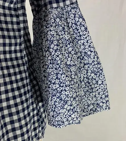 st. john's bay St. John’s Bay Gingham Print and Floral Navy Blue and White Peasant Top Size S